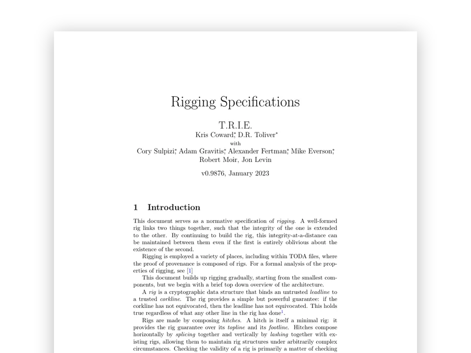 Cover page: Rigging Specifications