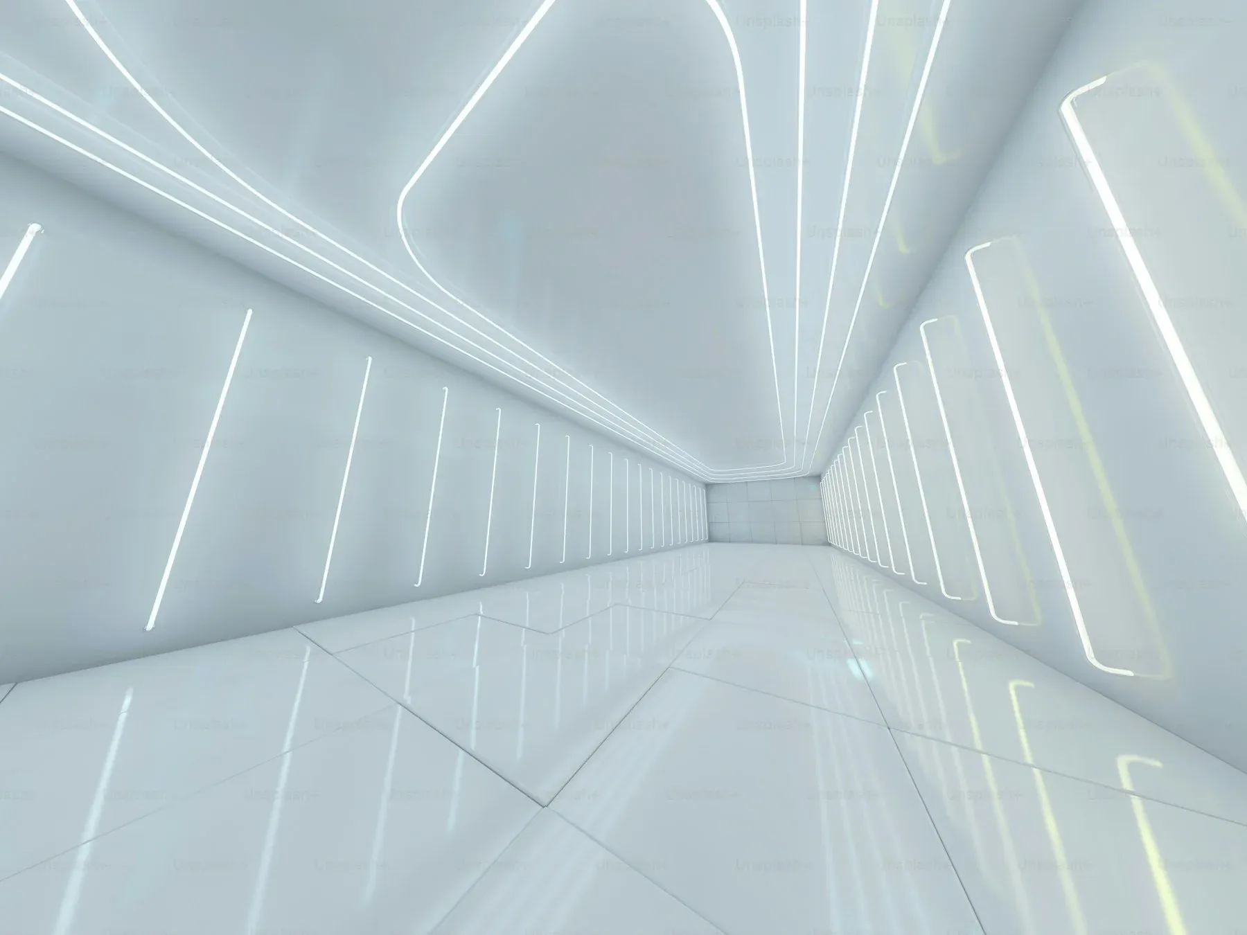 Abstract white architecture lit by bands of light